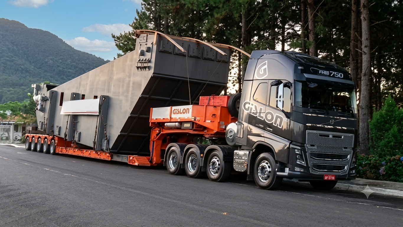 Caminhão Gislon FH16 750 transportando equipamento industrial superdimensionado