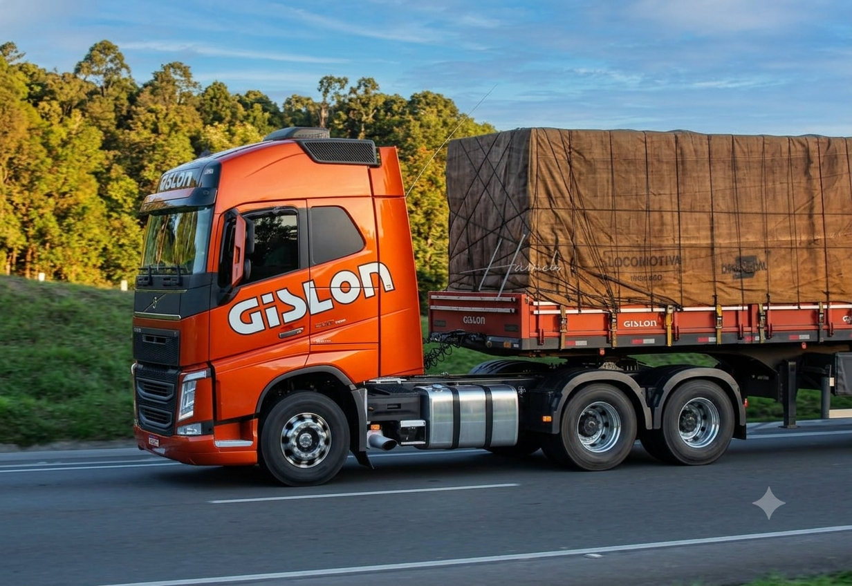 Caminhão Gislon laranja transportando carga coberta em rodovia