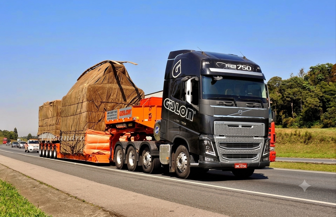 Caminhão Gislon FH16 750 transportando carga superdimensionada coberta em rodovia