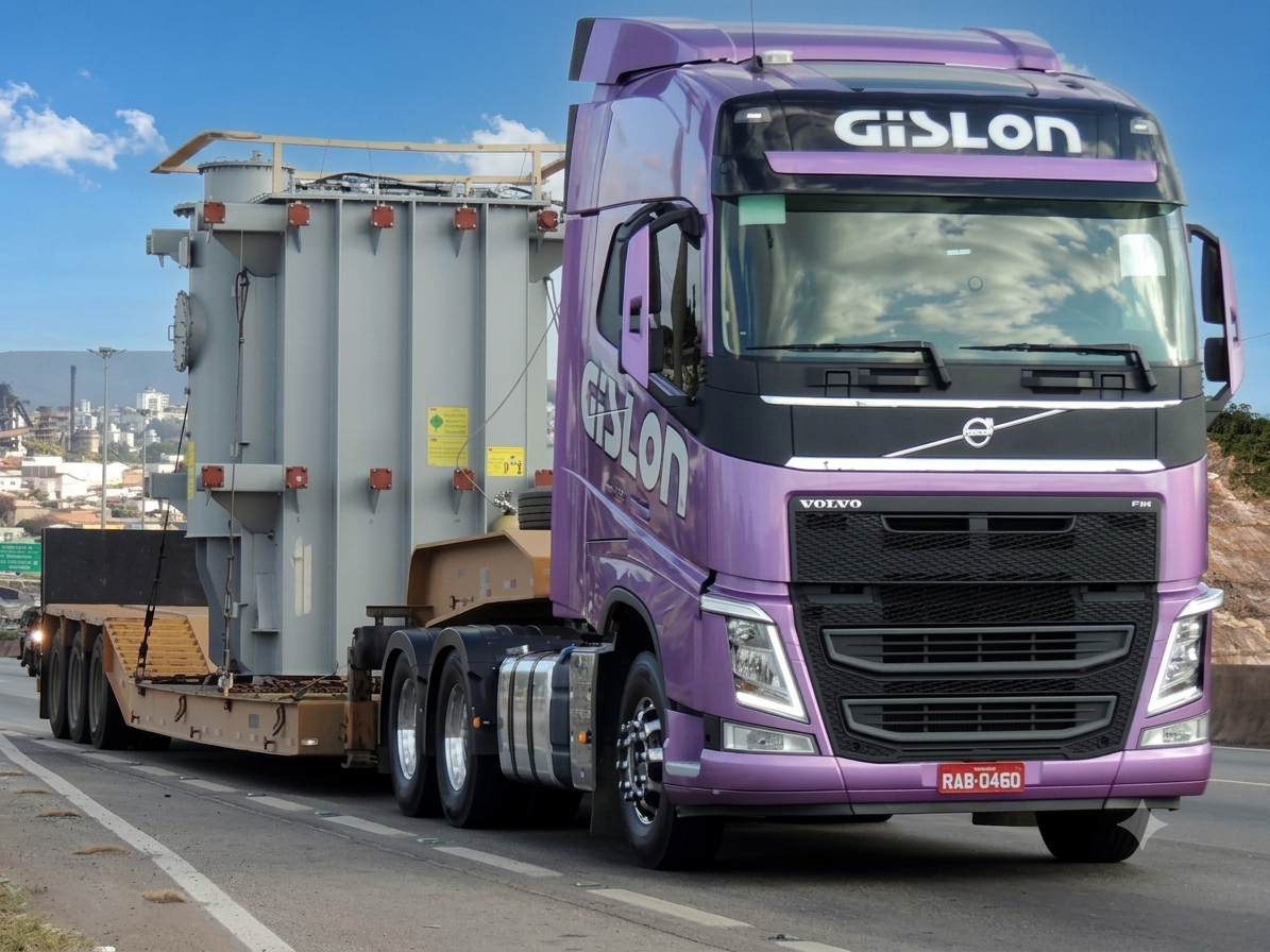 Caminhão Gislon transportando transformador elétrico de grande porte