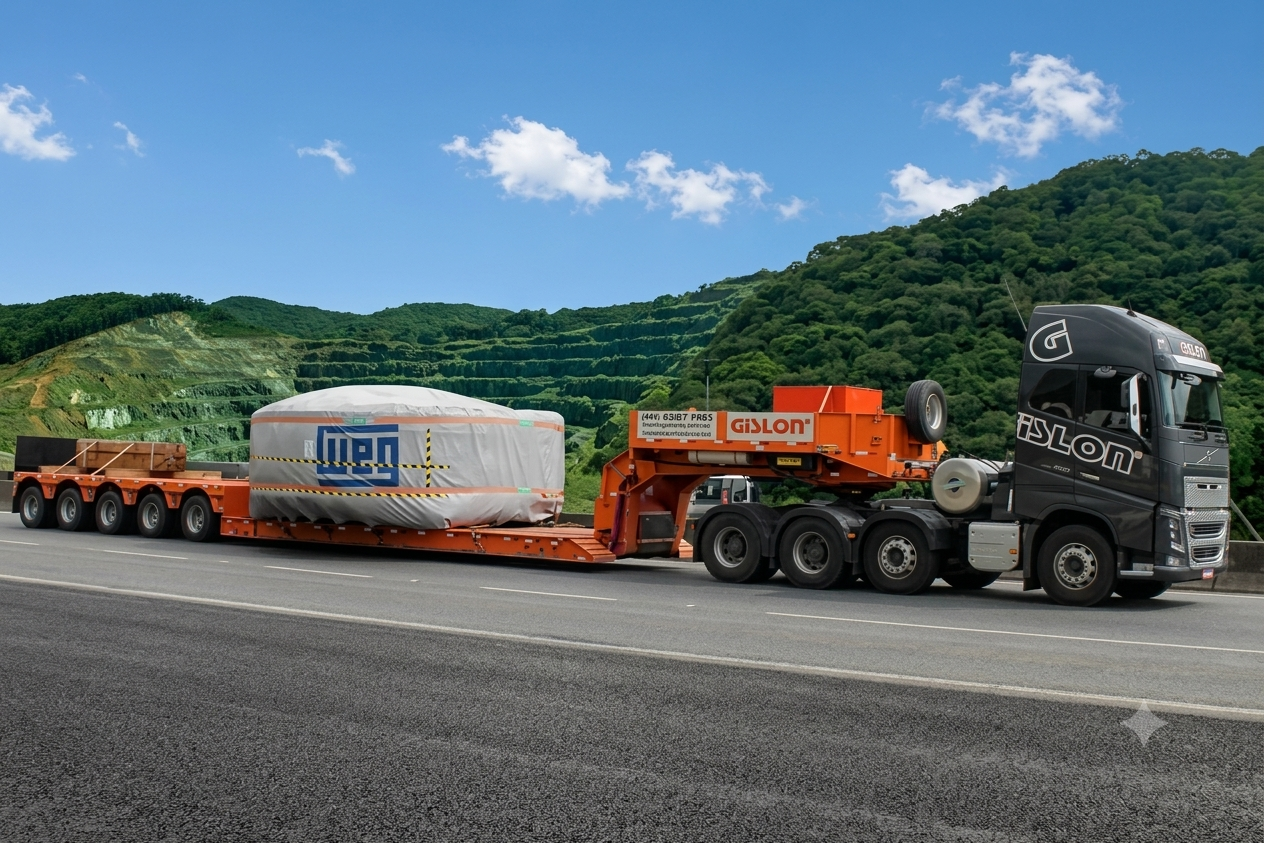 Caminhão Gislon transportando transformador WEG em prancha entre montanhas