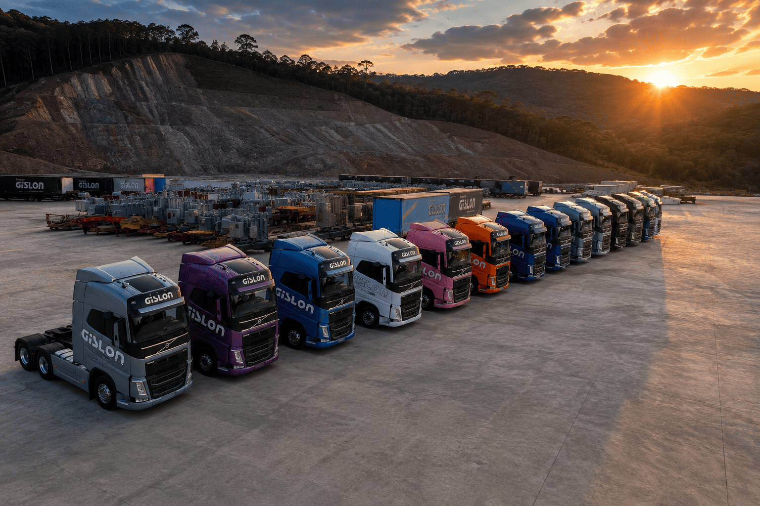 Frota completa de caminhões Volvo da Gislon Transportes enfileirada no pátio ao pôr do sol